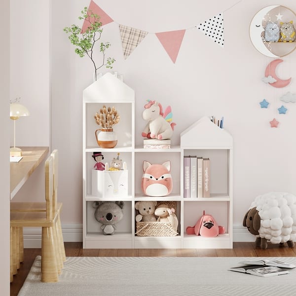slide 2 of 7, Toy Storage Organizer 7-Cubby Kids Bookshelf White Bookcase