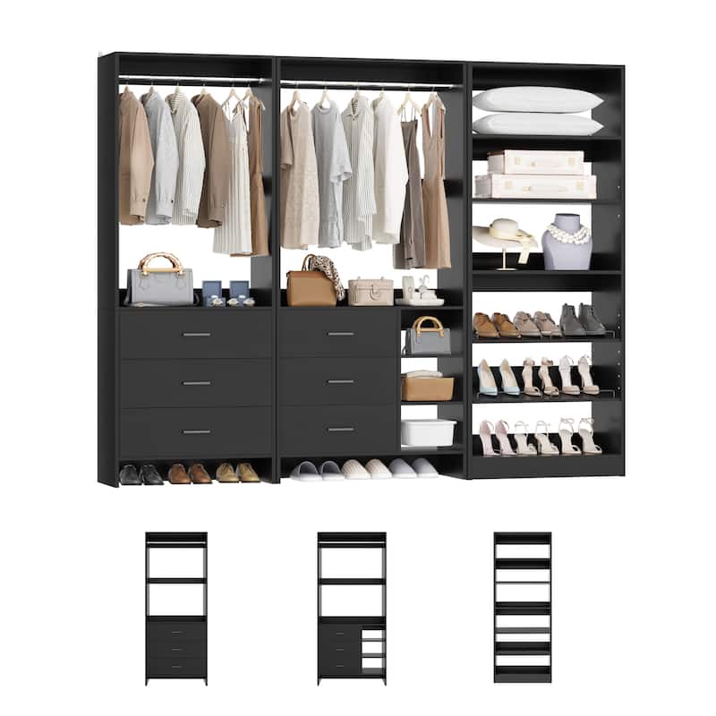 Set of 3 Closet System with Drawers and Shoe Rack, Freestanding Closet Organizer with Hanging Rods and Tower Shelves