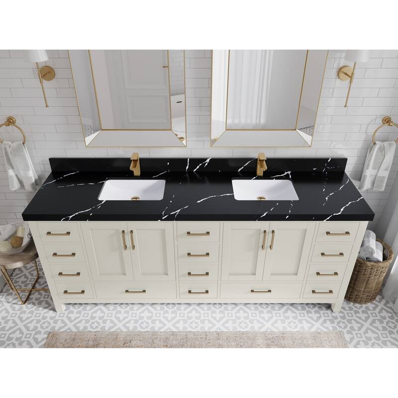 Willow Collection 84 in. W x 22 in. D Malibu Double Sink Bathroom Vanity with Countertop - 2" Calacatta Black - Fine Grain