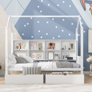 Kids Roof House Bed Wood Bed Frame with 2 Pull-out Drawers & Storage Headboards Bed, Storage Platform Bed