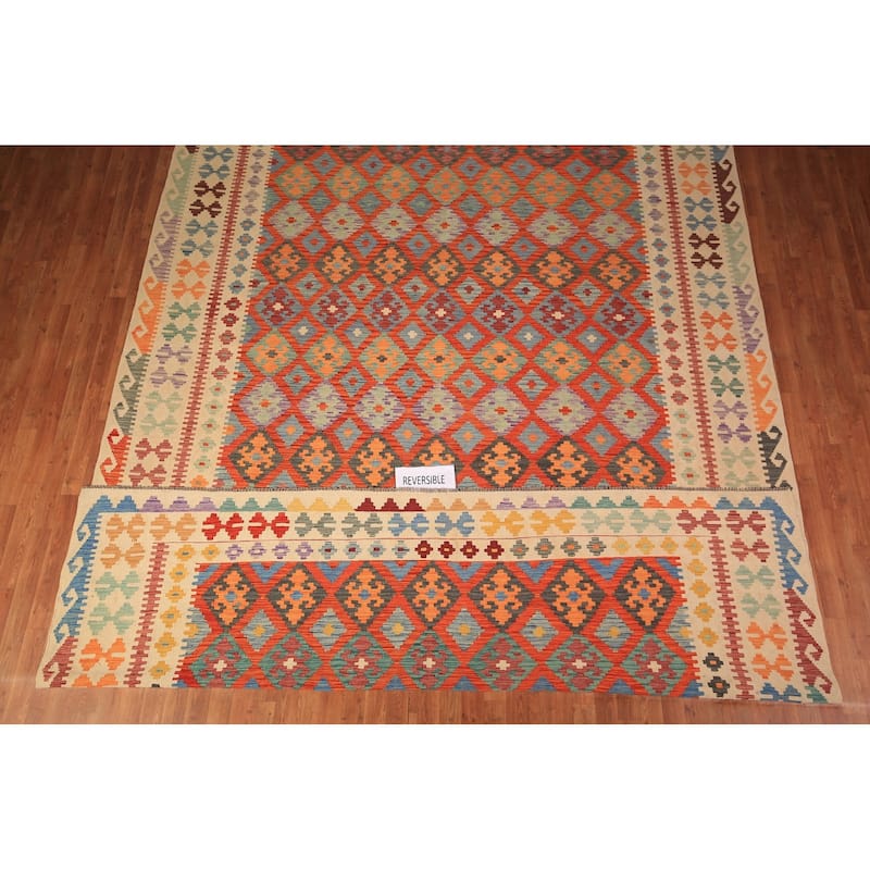 Geometric Trellis Kilim Oriental Large Rug Hand-Woven Wool Carpet - 9'9" x 16'3"