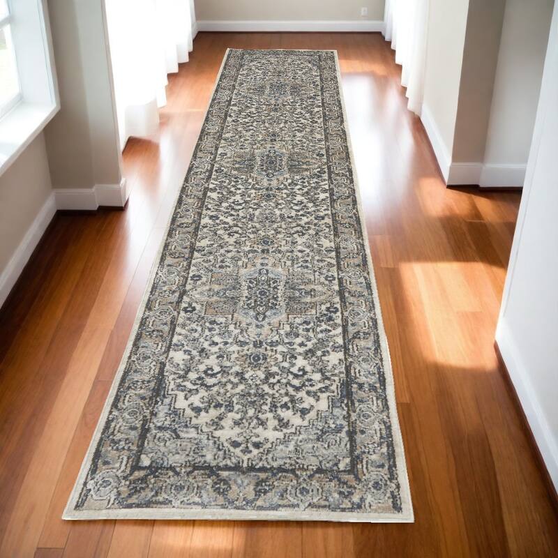 Mebe Power Loomed Distressed Area Rug By HomeRoots - 192' X '26' X '0.32 - Gray and Ivory - Runner