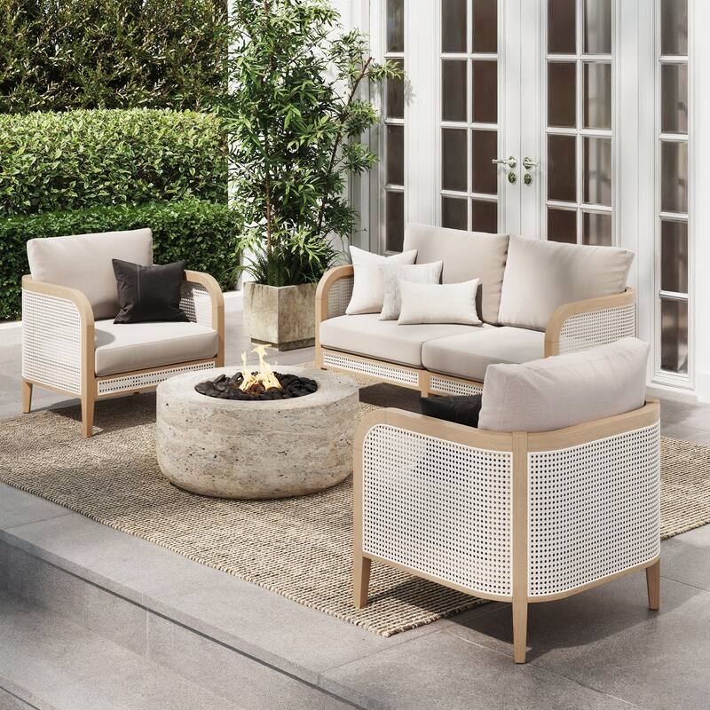 Twila Bohemian Outdoor Upholstered Rattan Patio Seating with Solid Wood Frame