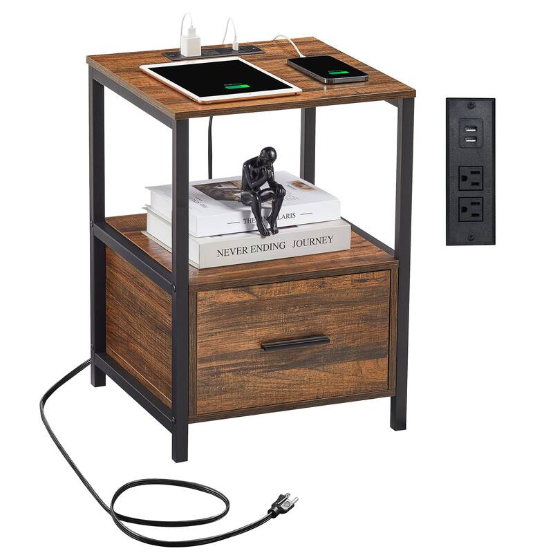 VECELO Mid Century Modern Nightstand with Charging Station USB Port - Brown