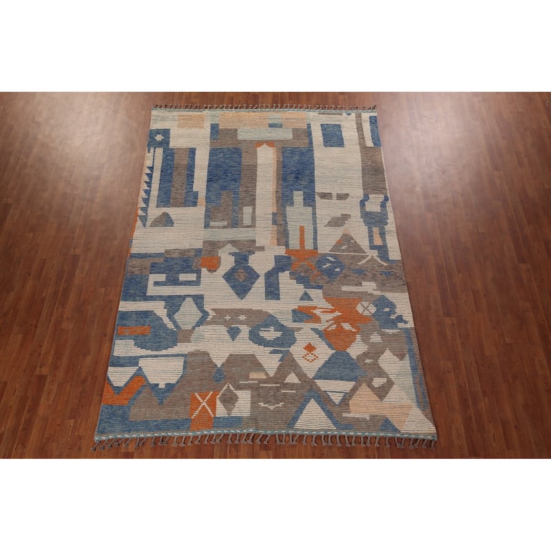 Contemporary Moroccan Abstract Area Rug Hand-Knotted Wool Carpet - 7'1"x 10'4"