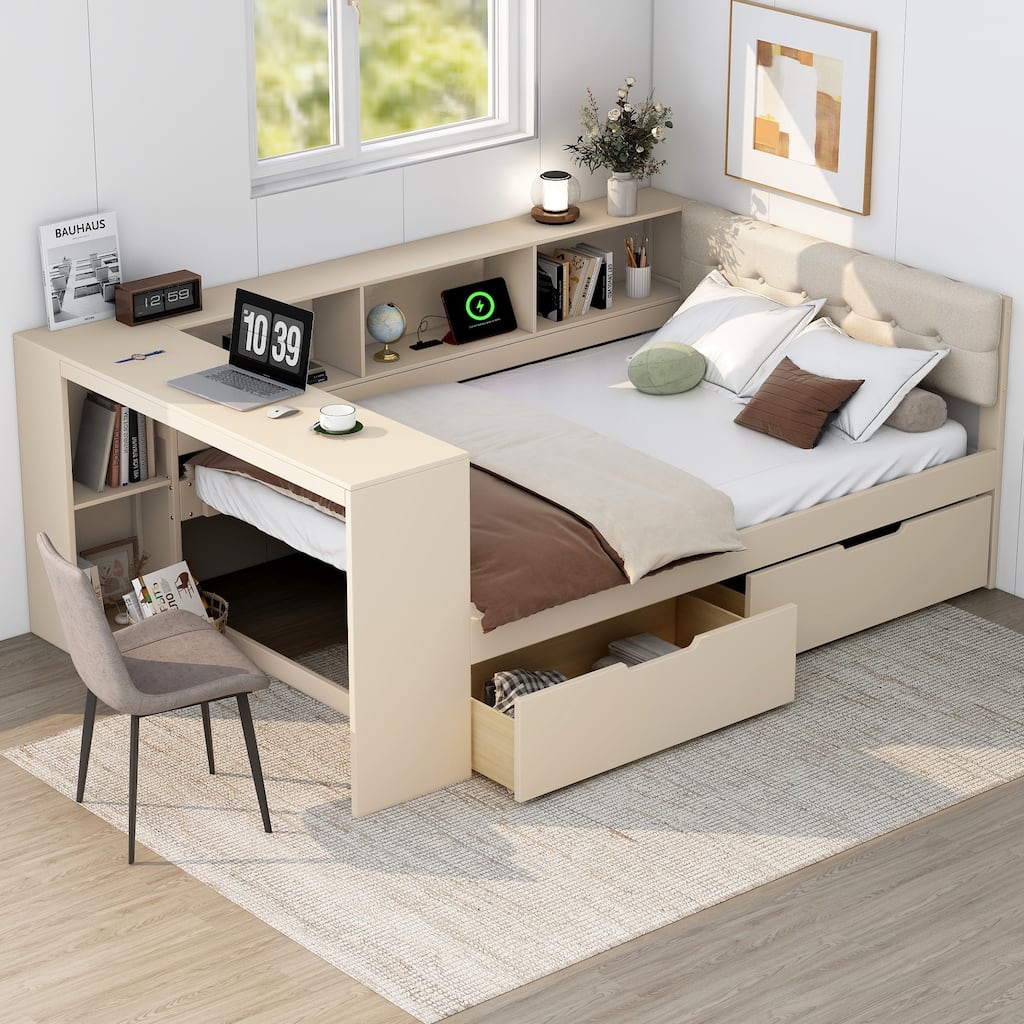 Full Size Solid Wood Platform Bed with Upholstered Headboard, USB Charging Station and 2 Storage Drawers
