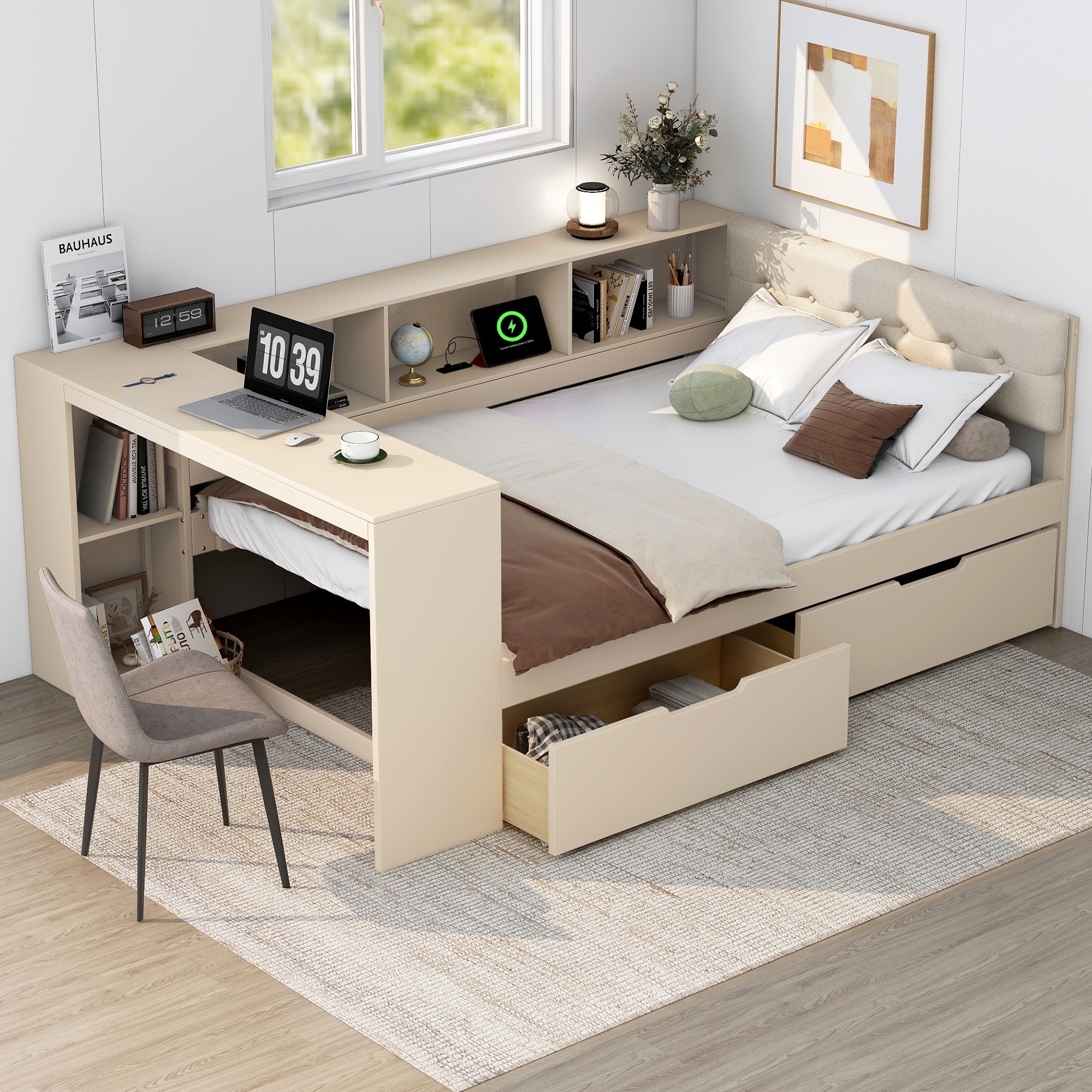 Wood Full Size Upholstered Headboard Platform Bed with Storage Shelves Drawers and Charging Station