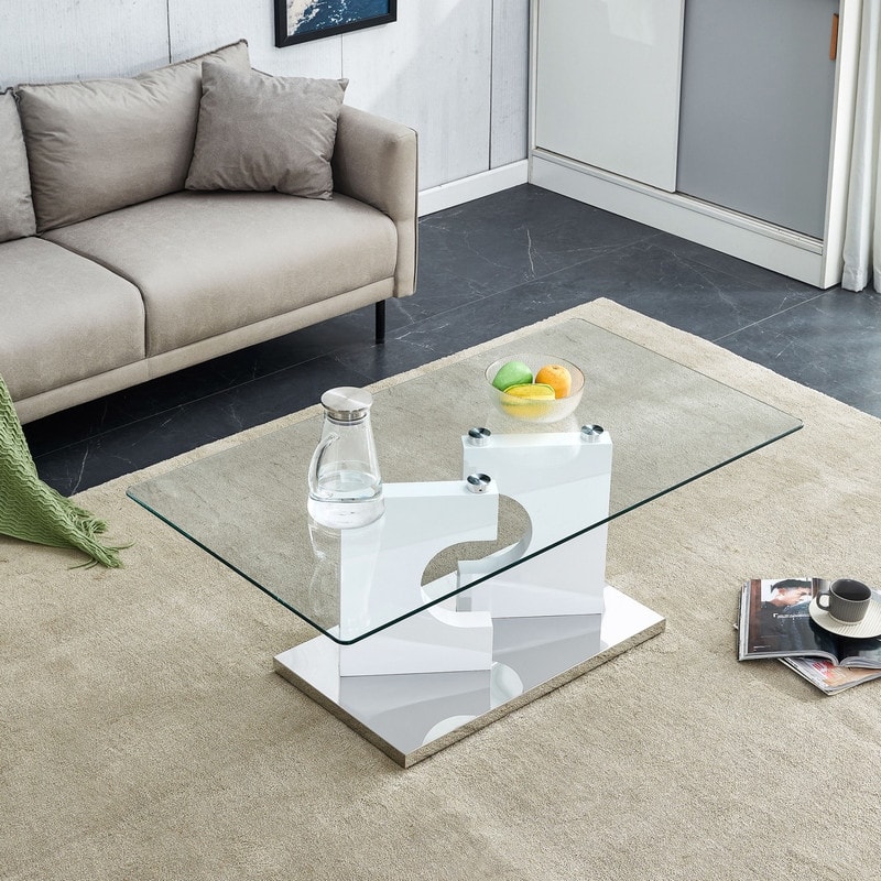 47.2"L Rectangular Coffee Table with Tempered Glass Tabletop - White