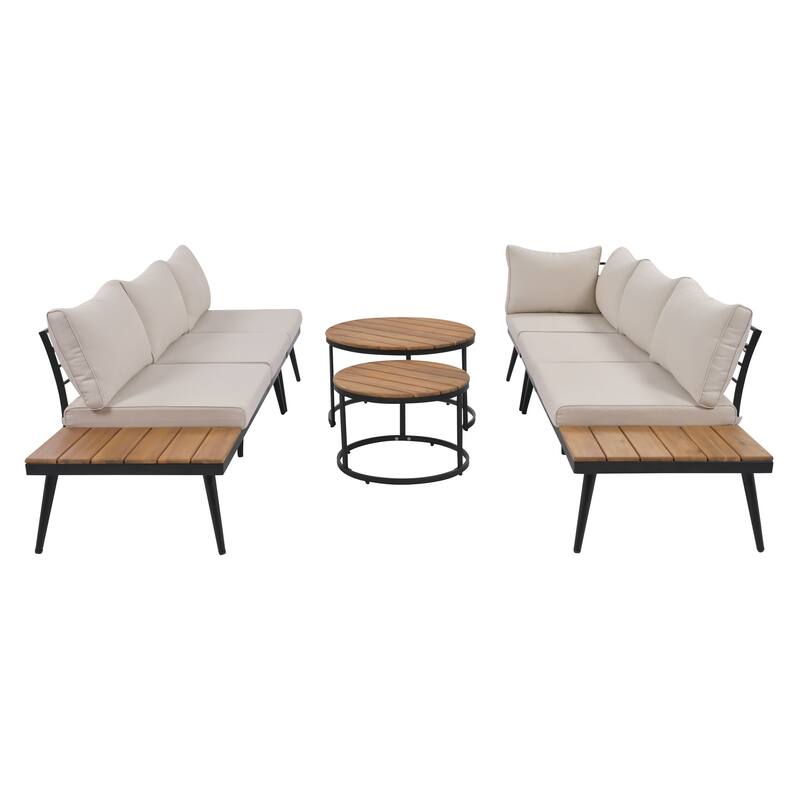 Acacia Wood Outdoor Sectional Sofa Set with Round Nesting Coffee Tables