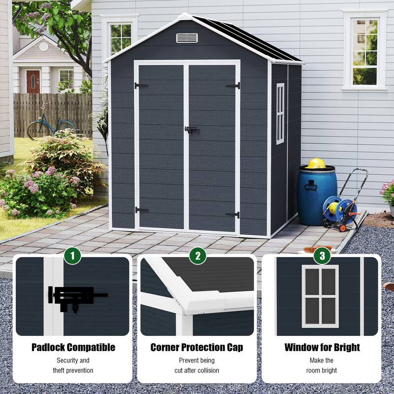 6*6ft Resin Storage Shed, High Quality Pp Material, Waterproof, Rust And Uv Proof, Large Storage Space, 12mm Thick Pp Board