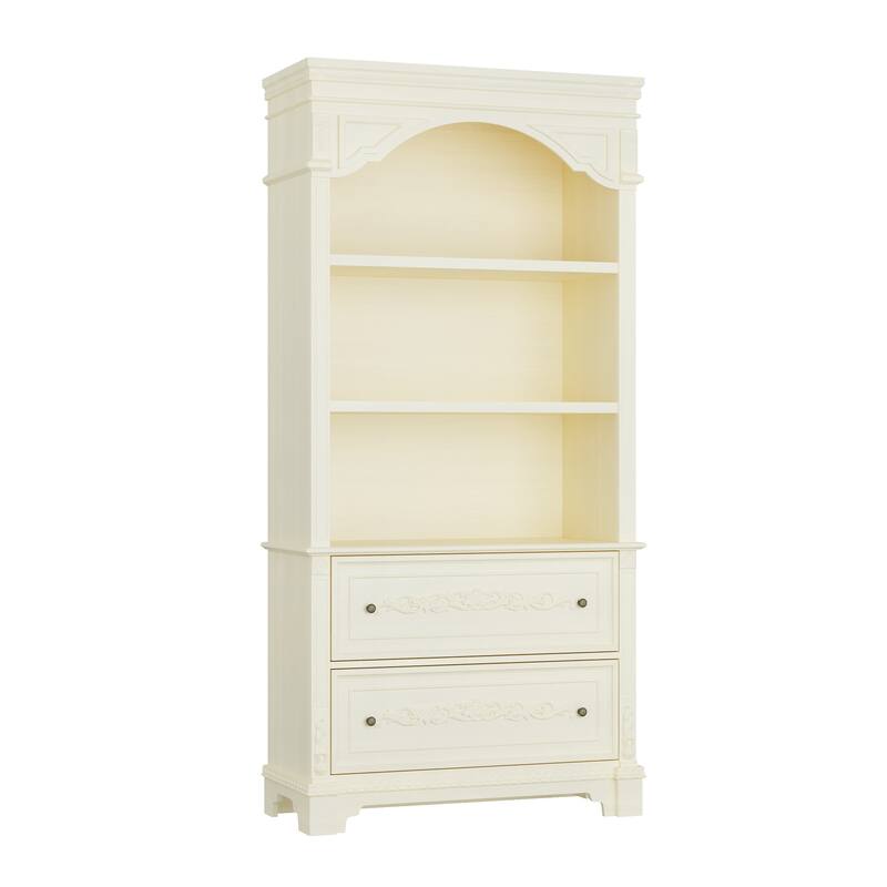 Vintage White Display Cabinet with Shelves and Drawers, Antique Bronze Handles, Hand-Rubbed Finish, Elegant Bookshelf