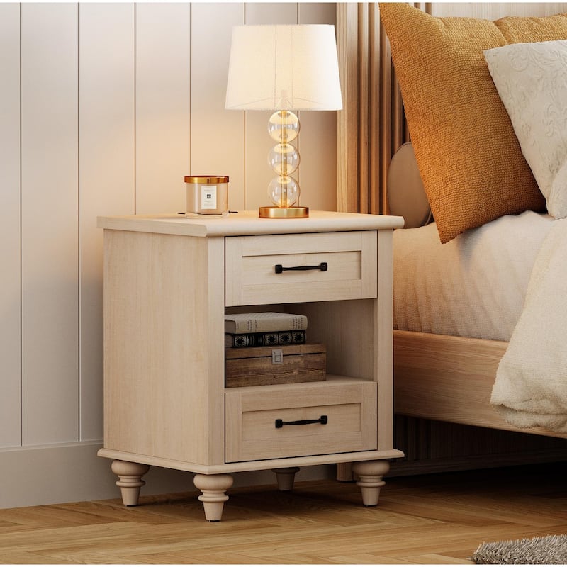 Farmhouse Nightstand Bedside Table, Wood 2-Drawer Side Table