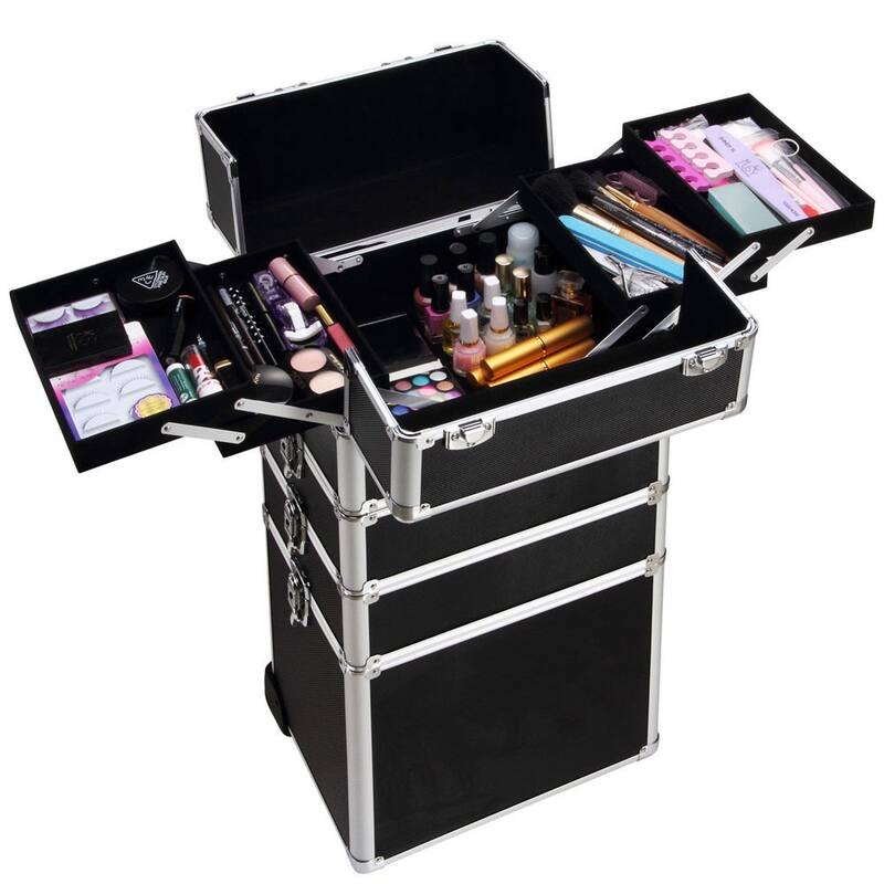 Black Aluminum Multiple Compartments Makeup Case with Draw-Bar Design for Travel Friendly - 13.77” x 9.84” x 29.52