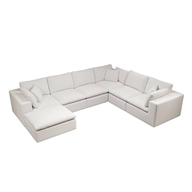 Roomfitters 137.8" Modular Sectional Sofa, 7-Piece Compressed Cloud Couch, No Assembly Required, Plush Corduroy, White