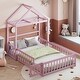 preview thumbnail 1 of 13, Pink Full Size Wooden Floor Bed with Fence Railings and Detachable Headboard, Kids Dress Up Rack, Playhouse Frame Full - Pink