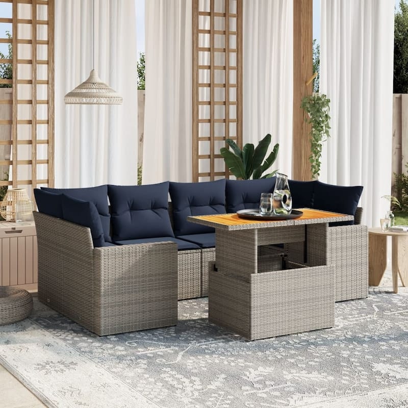 vidaXL Patio Sofa Set with Cushions Outdoor Furniture 7 Piece Poly Rattan - Gray - 24.4" x 24.4" x 27.2"