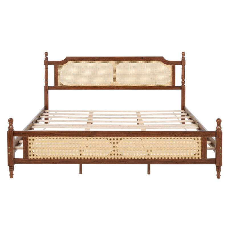 King Pine wooden Bed with Rattan Headboard and Footboard, with Central Enhanced Bed Platform,Walnut
