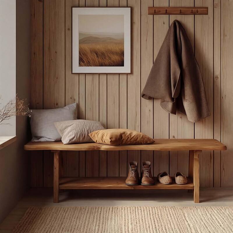 55-Inch Solid Wood Entryway Bench Indoor, Farmhouse Long End of Bed Bench with Live-Edge - 55.1" W x 13.8" D x 17.7" H