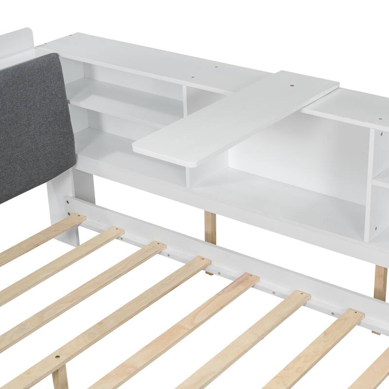 Modern Full Size Wood Platform Bed with Storage Headboard, Built-in Shelves, Upholstered Backrest, and 2 Drawers