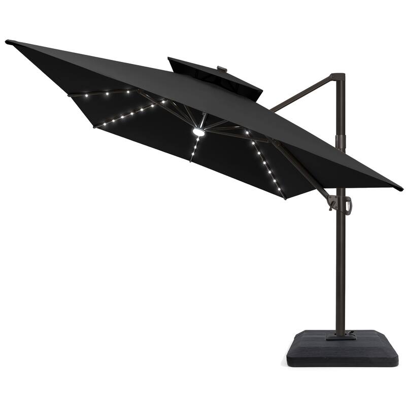 10 X 13 FT Outdoor Patio Cantilever Umbrella with Solar Lights 4-Piece Premium Base Double Canopy 360 Rotation Tilt