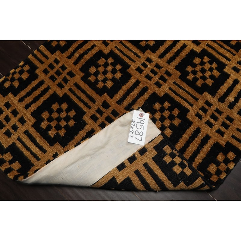 Tibetan Art Deco Authentic Swiss Wash 2'7''x9'7'' Hand Knotted Wool Black Rug - 2' 7'' x 9' 7''