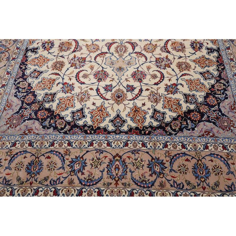 Hand Knotted Isfahan Cream Persian Wool & Silk Traditional Oriental Area Rug - 8' 5'' x 11' 9''
