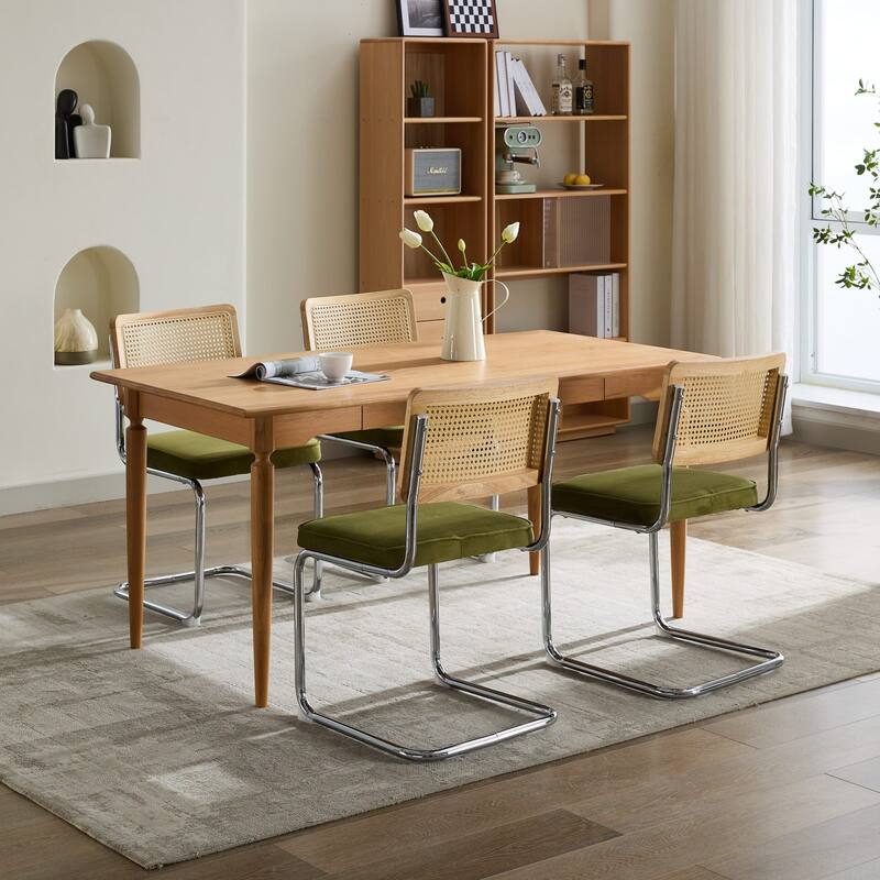 GDF Studio - Mid-Century Linen Dining Chairs with Natural Rattan Cane Back & Chrome Cantilever Base, Set of 2