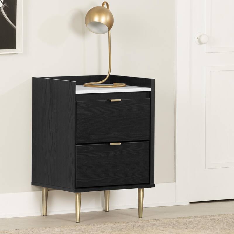 South Shore Hype 2-Drawer Nightstand - Black Oak & Carrara Marble