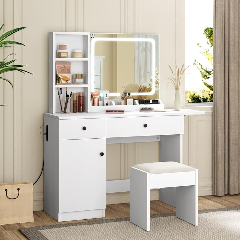 Vanity Desk with LED Lighted Mirror & Power Outlet - White