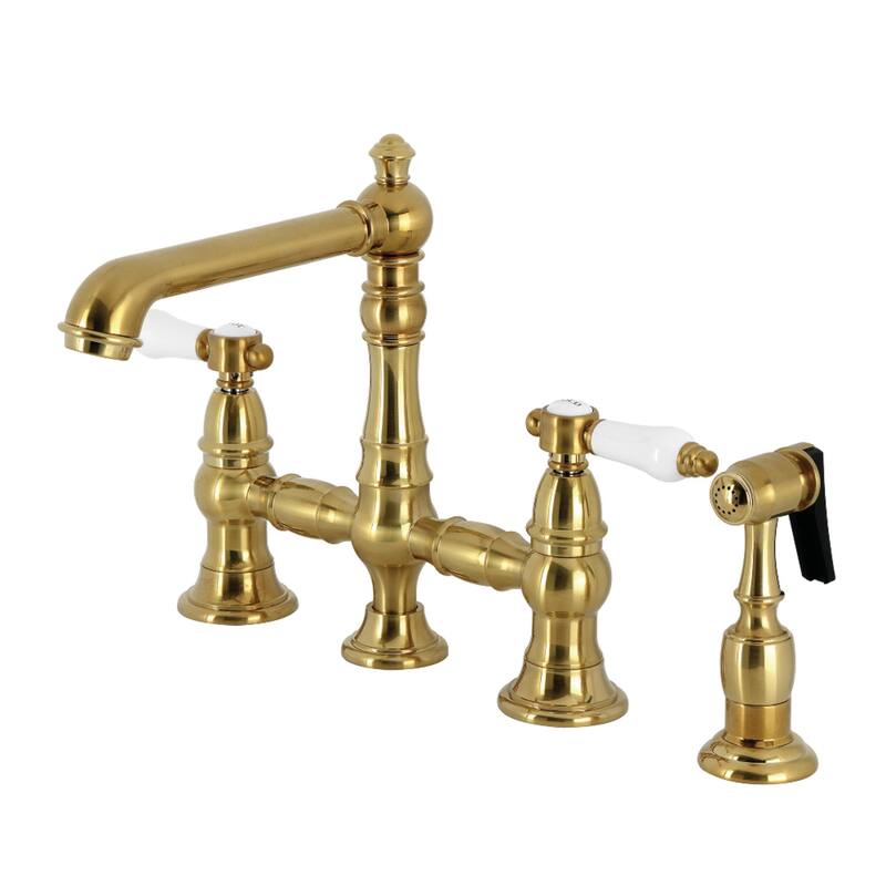Kingston Brass Bel-Air Two-Handle 4-Hole Deck Mount Bridge Kitchen Faucet with Brass Side Sprayer - Brushed Brass
