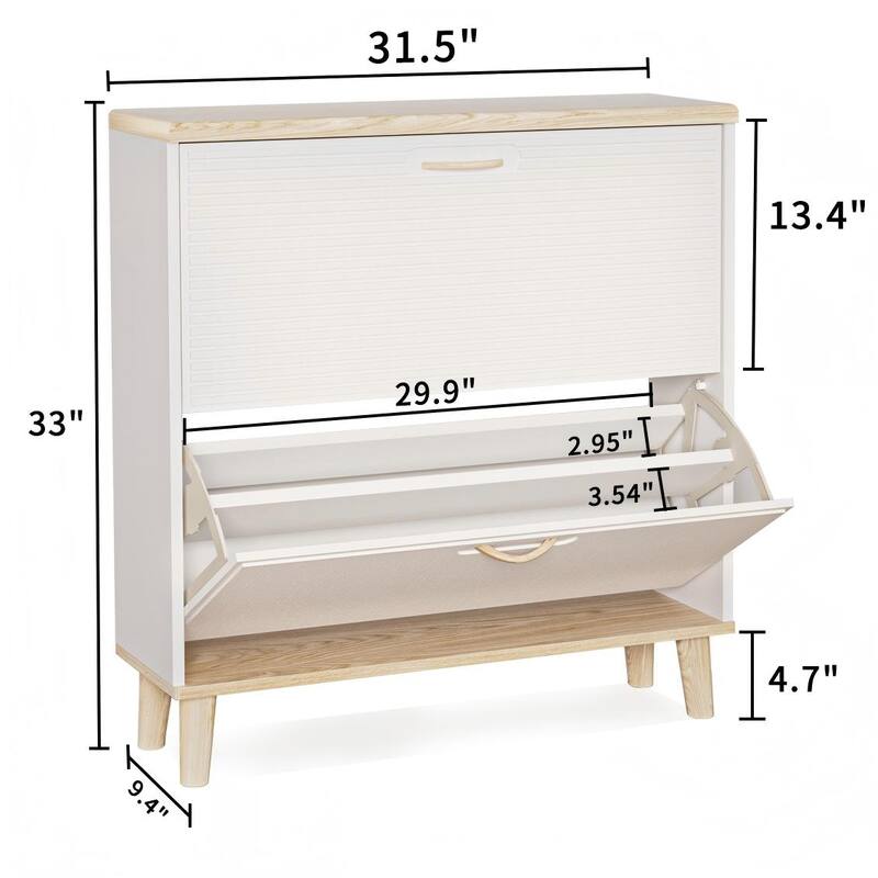 31.5" Narrow Shoe Storage Cabinet with 2 Flip Drawers, Slim Freestanding Entryway Shoe Organizer with Natural Wood Legs