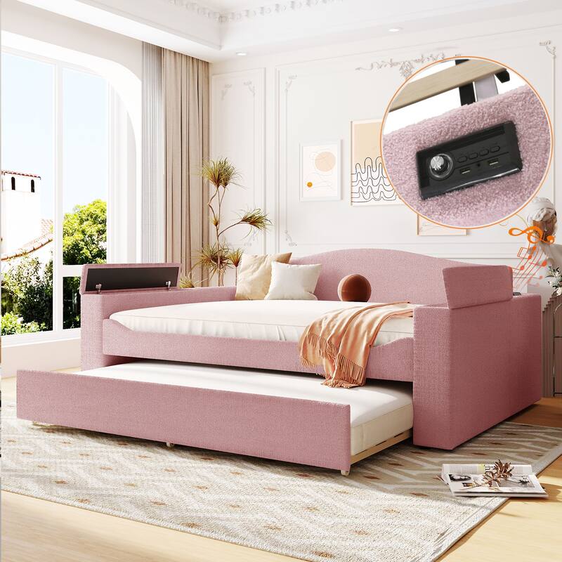 Full Size Upholstered Daybed with Storage Armrests, Trundle & Bluetooth