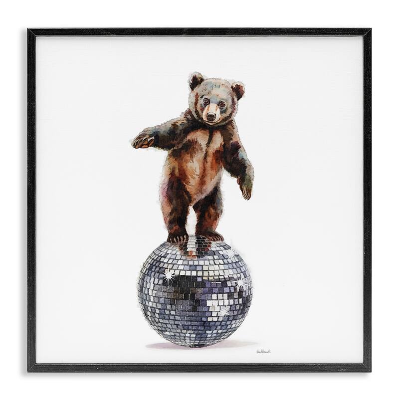 Stupell Bear Balancing on Disco Ball Framed Giclee Art Design By Amanda Greenwood - 17 x 17 - Black