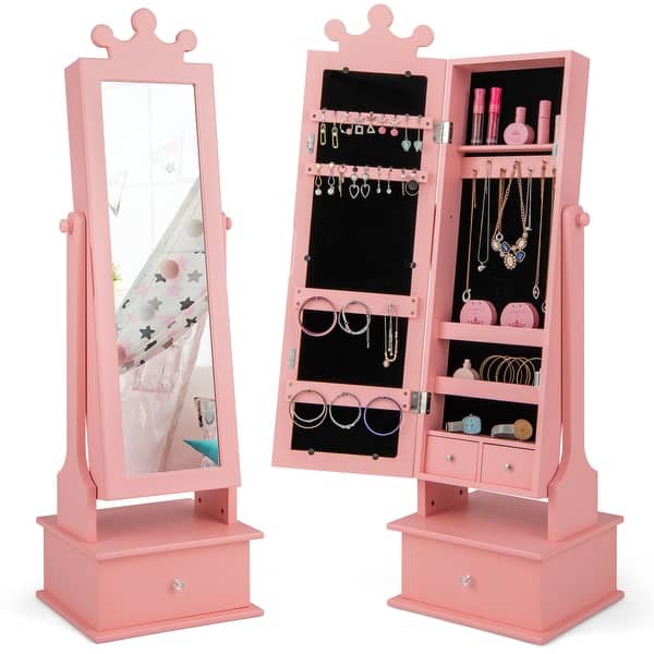 slide 2 of 10, 2-in-1 Kids Play Jewelry Armoire with Full Length Mirror and Drawers - 13.5" x 12" x 44.5" (L x W x H) Pink