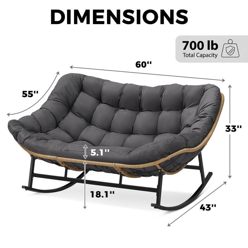 60" Double Papasan Rocking Chair for 2, 700-lb Capacity Wicker Egg Rocker with 5.1" Thick Cushion