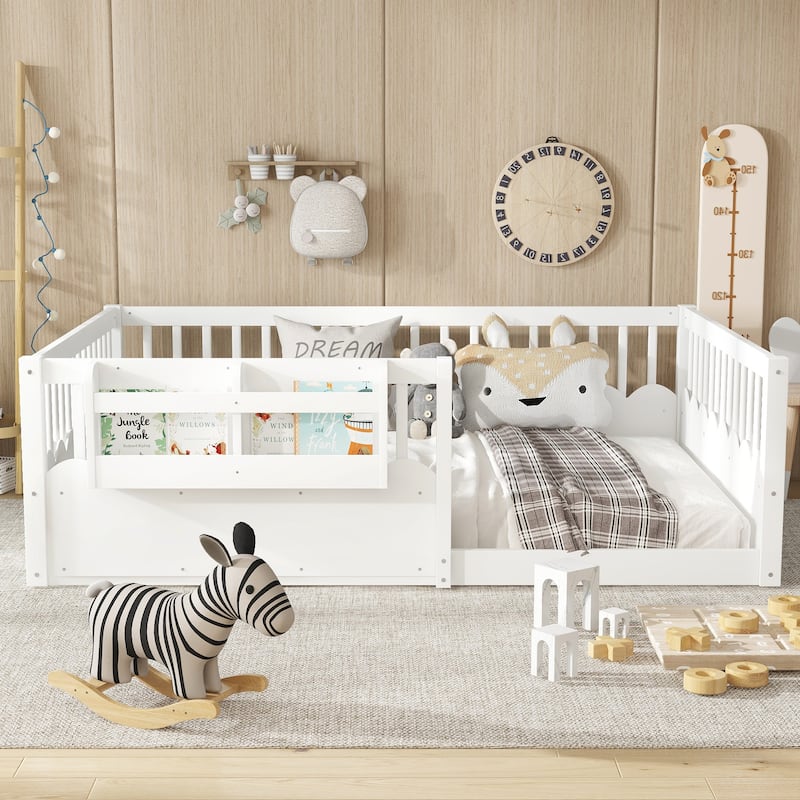 Full Floor bed with Heightened Fence and bookshelf, Wood Floor Bed for Kids
