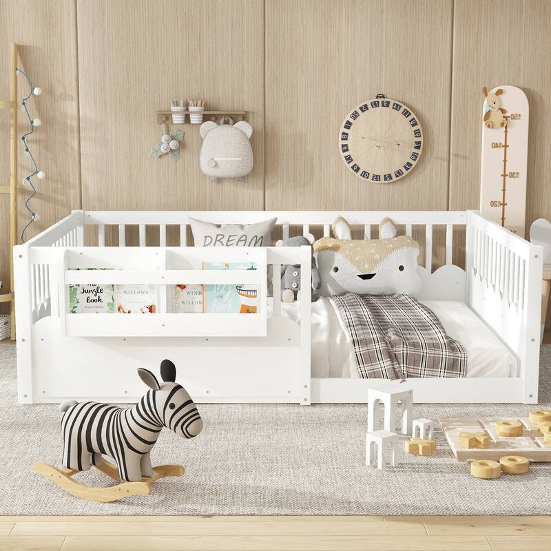 Queen/Full/Twin Floor Bed with Fence and Bookshelf, Wood Kids Floor Bed