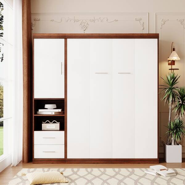 slide 2 of 9, Full Size Murphy Bed Wall Bed with Cabinet for Small Living Spaces Brown