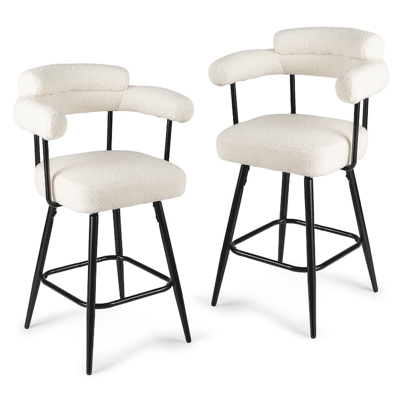 Set of 2 Counter Height Plush Boucle Fabric Bar Stools with Swivel Seat for Kitchen or Cafe - 25" x 21" x 39.5" - White-Black