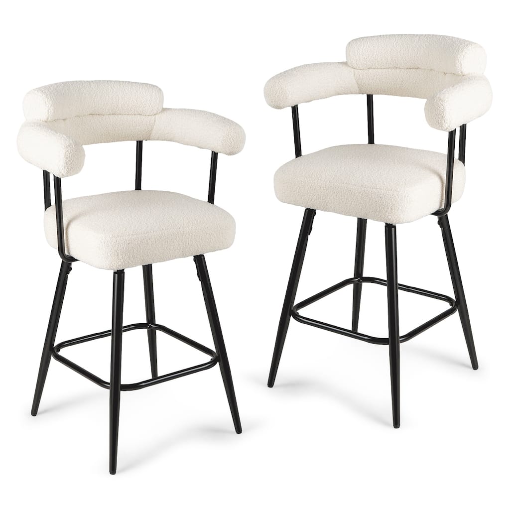Set of 2 Counter Height Plush Boucle Fabric Bar Stools with Swivel Seat for Kitchen or Cafe - 25" x 21" x 39.5"