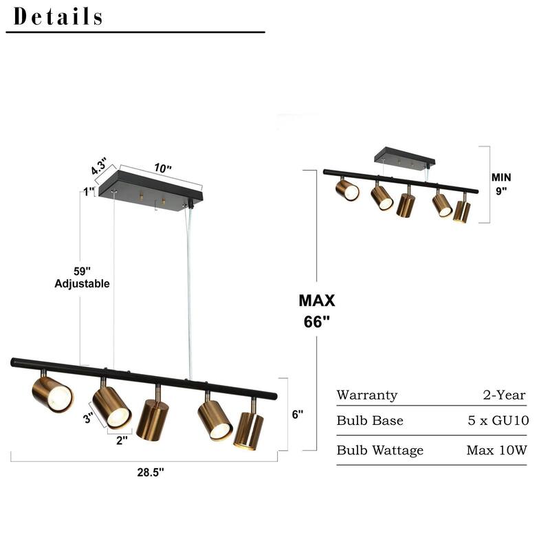 Modern 5-Light Black Gold Chandelier Metal Linear Island Lights for Dining Room
