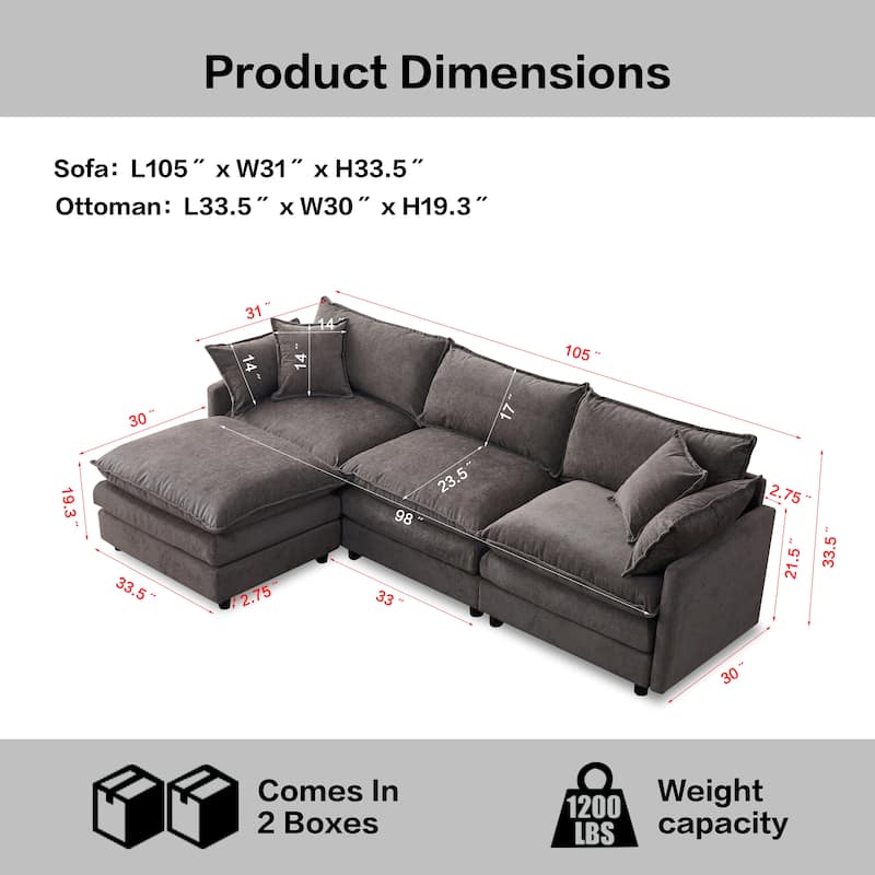 Chenille Upholstered L-shaped Sectional Sofa 3 Seater Modular Couch with Ottoman, Pillows and Double Layer Seat Cushions