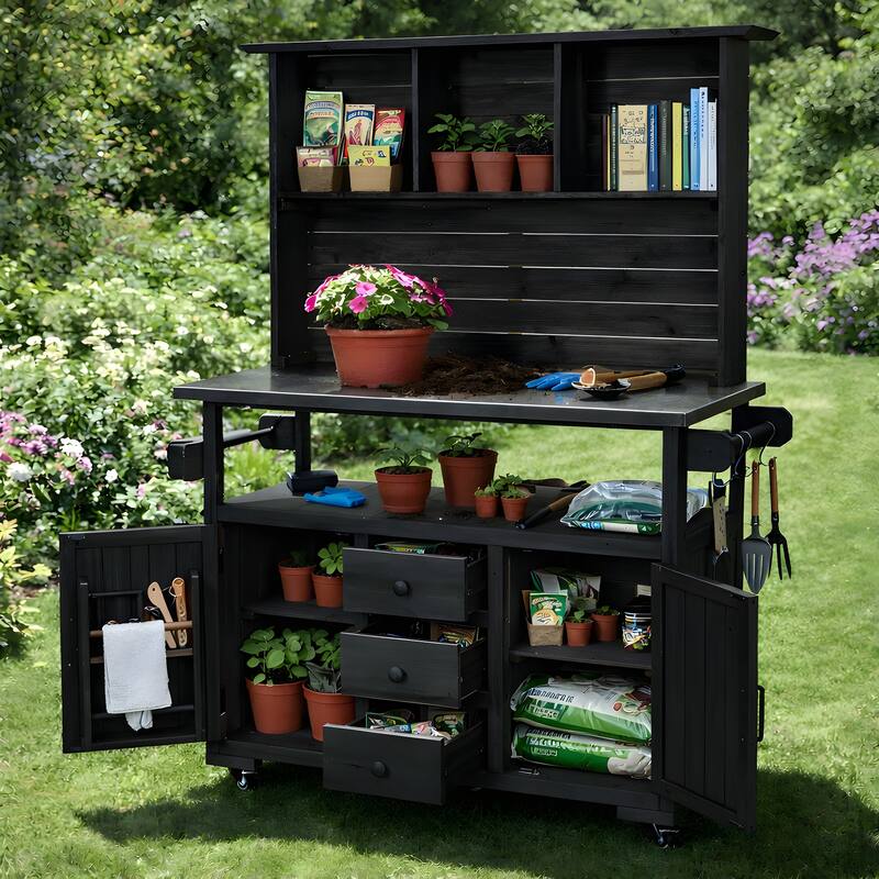 65" Outdoor Potting Bench with Stainless Steel Top, Rolling Garden Workstation with Hutch & Storage - Black