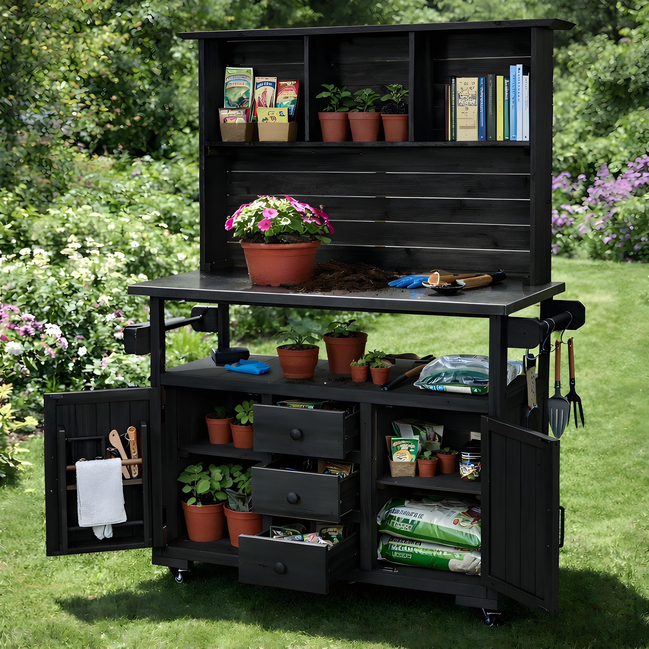 65''H Outdoor Kitchen Island with Stainless Steel top, Drawers, Door Shelves and Hutch for Grilling