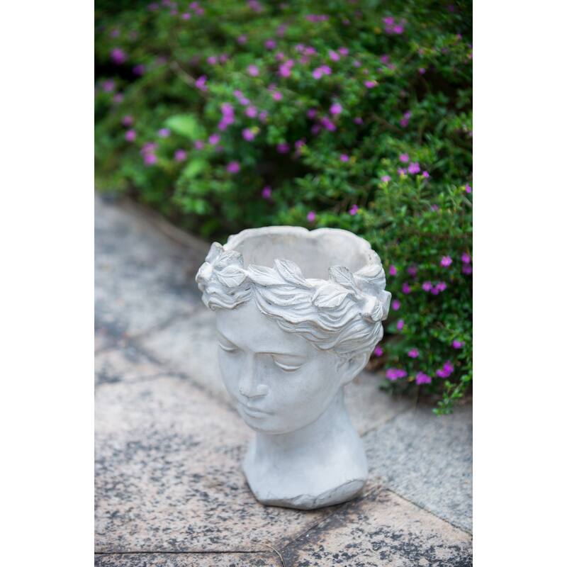 Greek Style Cement Head Planter - Indoor Outdoor Home Garden Decor, D7" x 11"