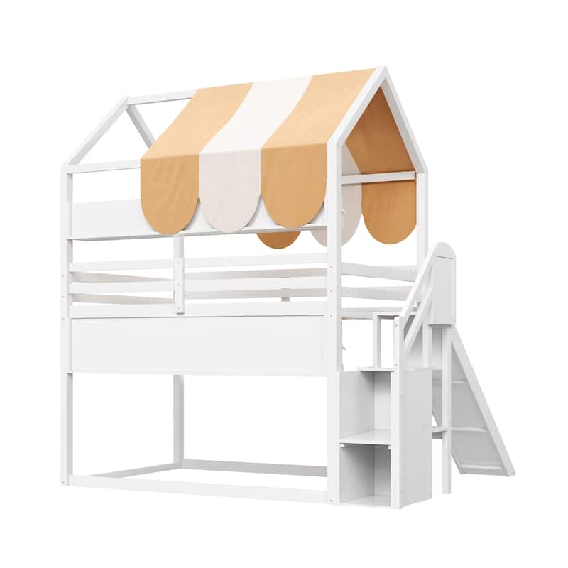 GDFStudio - Wooden Full Size House Bed with Canopy, Slide and Bookshelves
