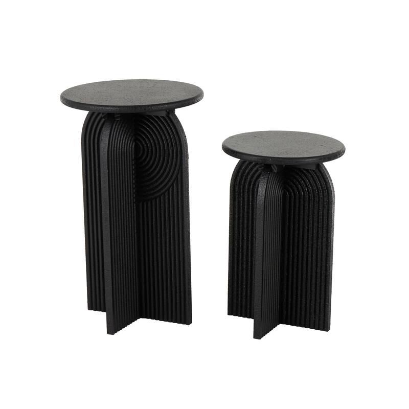 Wood Geometric Sandstone Carved Art Deco Arched Pedestal Accent Table - Set of 2 Black - Roche River Decor