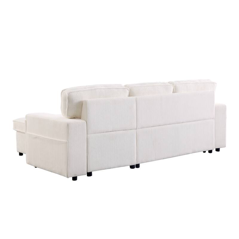 Beige Chenille Upholstery Sleeper Sectional Sofa with Storage Space