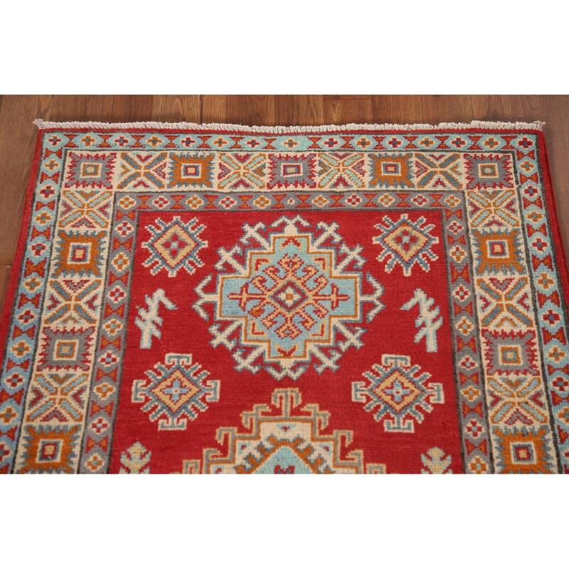 Kazak Oriental Accent Rug Hand-Knotted Geometric Red Wool Carpet - 2'9"x 4'1"
