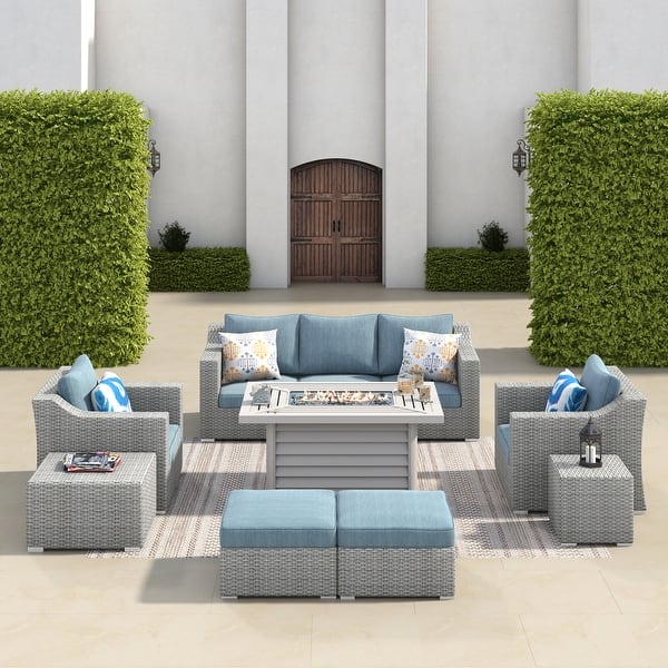 Corvus Martinka 10pc. Wicker Patio Furniture Set w/ Rectangular Fire